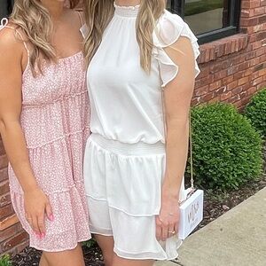 1. State White Smocked Mock Neck Sleeveless Ruffle Tiered Mini Dress